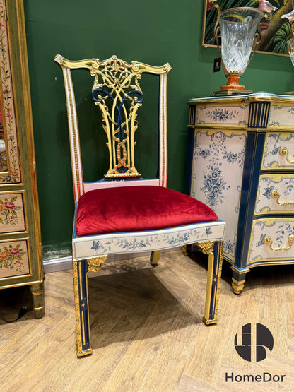 HomeDor × FH&amp;Home | Silla de comedor opulenta con tapizado de terciopelo y respaldo tallado en oro