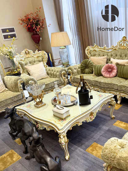 طاولة قهوة/طاولة جانبية كلاسيكية من هوم دور، بتصميم روكوكو أنيق، بلون عاجي مزين بنقوش زهرية مرسومة يدويًا.