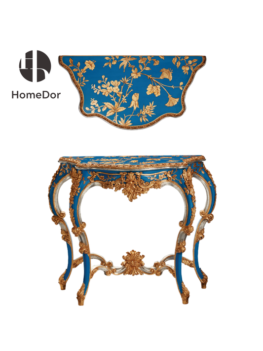 HomeDor Opulent Azure Gilded Floral Rococo Console Table