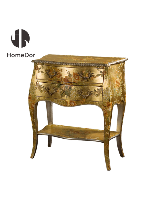 HomeDor Luxury Vintage Gilded Floral Chest of Drawers with Open Shelf