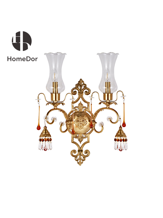 HomeDor Elegant Baroque Brass Amber Crystal Wall Lamp