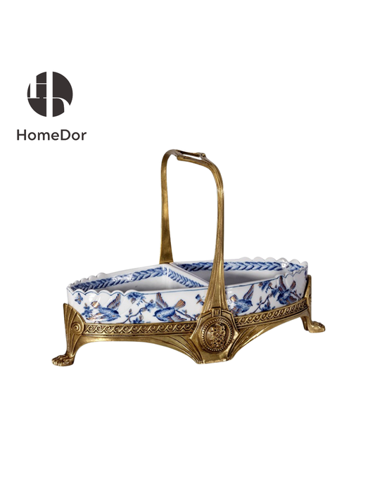 HomeDor Classic Triangular Porcelain Fruit Platter with Brass Handle