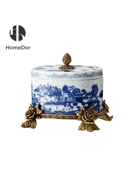 Recipiente decorativo de porcelana HomeDor con detalles florales fundidos en cobre