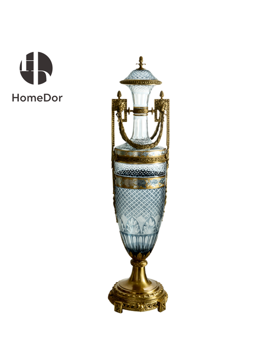 HomeDor Aurora Glass Blue Tinted Cut Glass Floor Vase
