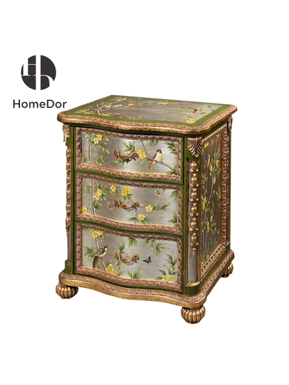 HomeDor Princess Rosa Series Chinoiserie Floral & Bird Silver Leaf Nightstand
