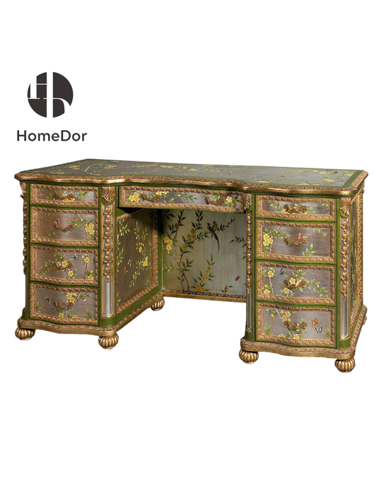 HomeDor Rosa Princess Series Chinoiserie Floral & Bird Silver Leaf Vanity Desk