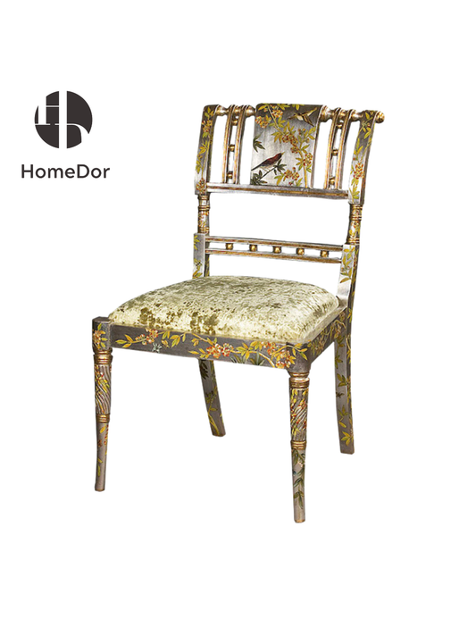 HomeDor Princess Rosa Series Chinoiserie Floral & Bird Silver Leaf Accent Chair
