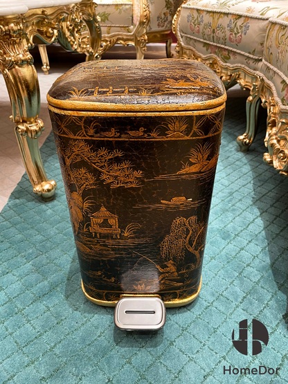 سلة مهملات هوم دور بنمط صيني أسود ومذهب بنقشة متشققة