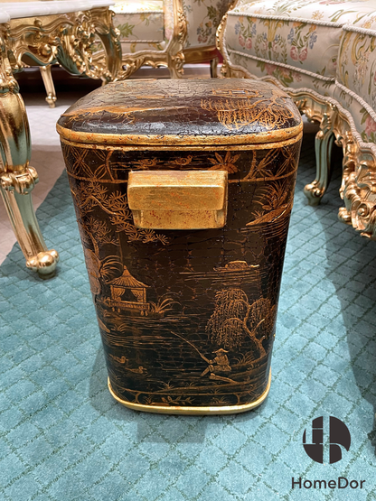 سلة مهملات هوم دور بنمط صيني أسود ومذهب بنقشة متشققة