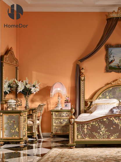 HomeDor Rosa Princess Series Chinoiserie Floral & Bird Silver Leaf Vanity Desk