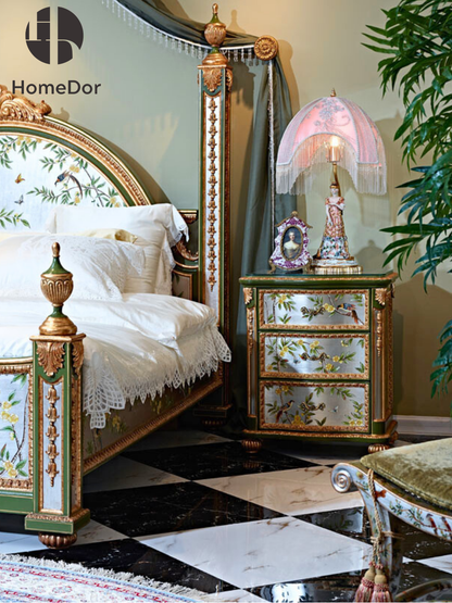 HomeDor Princess Rosa Series Chinoiserie Floral & Bird Silver Leaf Nightstand