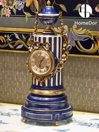 HomeDor Neoclassical Ornate Blue Porcelain Column Clock