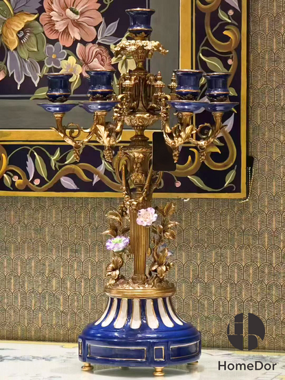 HomeDor Neoclassical Ornate Blue Porcelain Column Clock