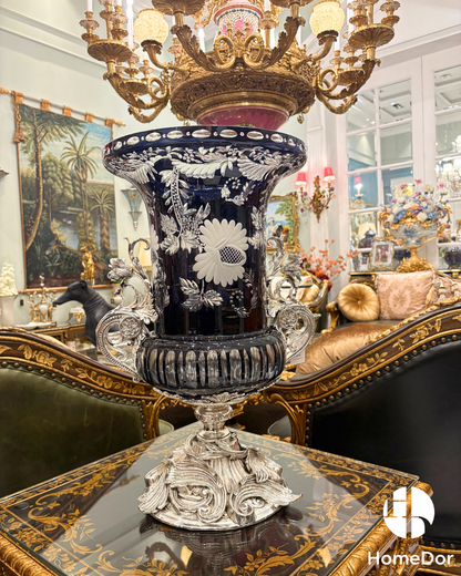Baroque Revival Obsidian Silver-Plated Glass Campana Urn