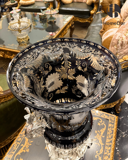 Baroque Revival Obsidian Silver-Plated Glass Campana Urn