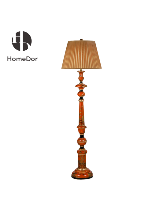 This 182cm height floor lamp is a blend of classic elegance and ornate craftsmanship, designed to add rich, timeless character to living rooms, reading nooks, or formal spaces.This floor lamp features a striking red-orange column base, detailed with intricate carved accents and subtle gilded detailing (adding a touch of vintage luxury), paired with a soft, pleated beige shade that diffuses warm, gentle light. 