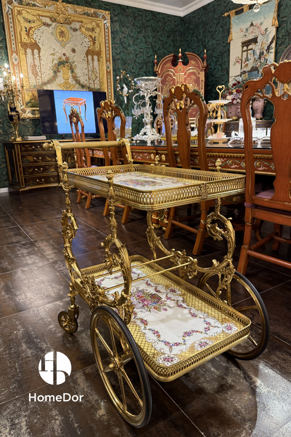 HomeDor × FH&Home | Luxurious Floral Ceramic-Panelled Brass Serving Trolley with Ornate Wheels