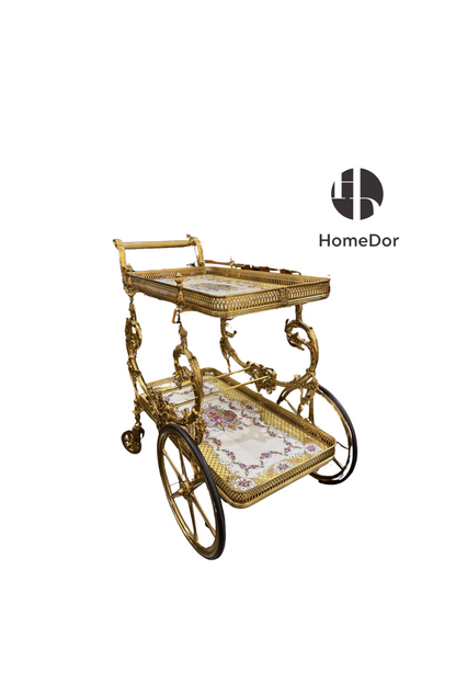 HomeDor × FH&Home | Luxurious Floral Ceramic-Panelled Brass Serving Trolley with Ornate Wheels