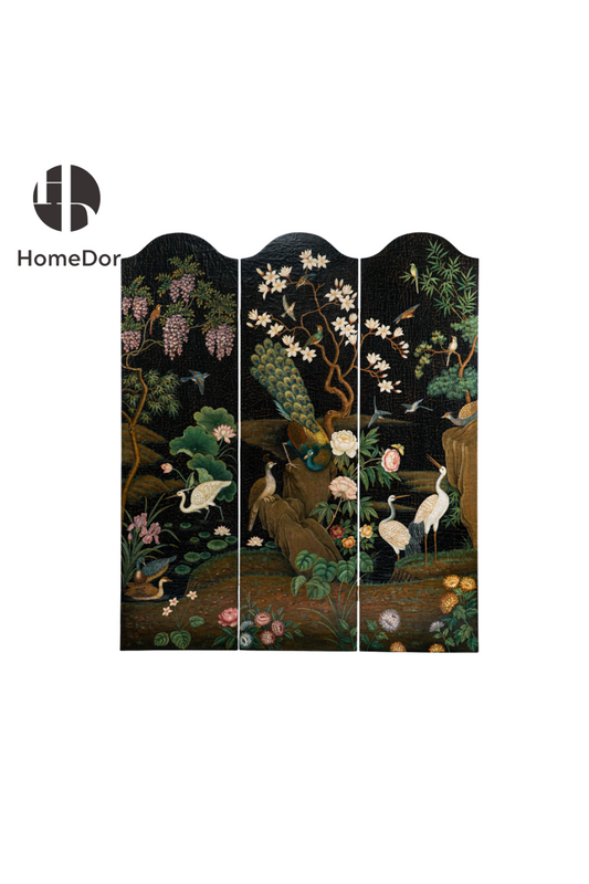 HomeDor × FH&Home | Decorative 3-Panel Room Divider Paravan with Floral-Peacock Paintings