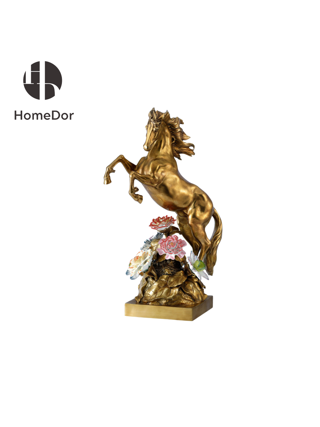 HomeDor × FH&amp;Home | Escultura de lujo de caballo encabritado de latón sobre base de columna ornamentada