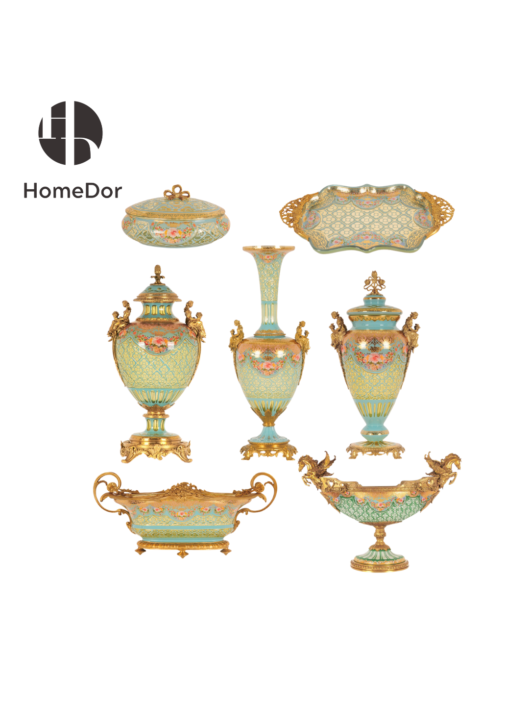 HomeDor × FH&Home | Mint Green Baroque Copper-Cast Glass Engraved Table Decor Set