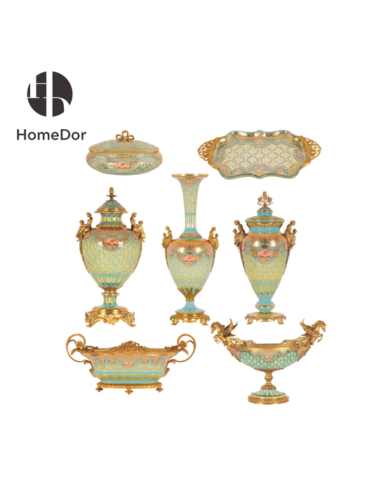 HomeDor × FH&Home | Mint Green Baroque Copper-Cast Glass Engraved Table Decor Set