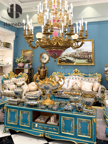 Consola multimedia HomeDor Blue Symphony con flores pintadas a mano