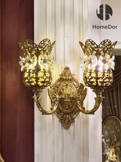 HomeDor Rococo Crystal Flower Brass Wall Sconce