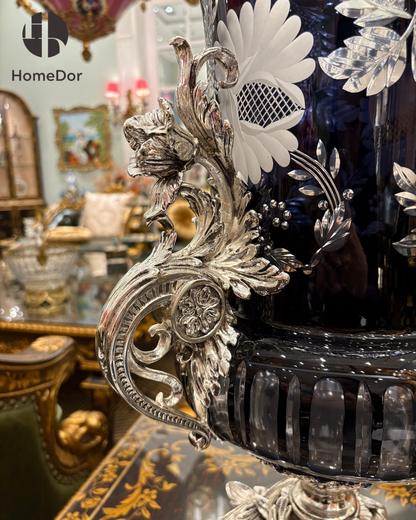 Baroque Revival Obsidian Silver-Plated Glass Campana Urn