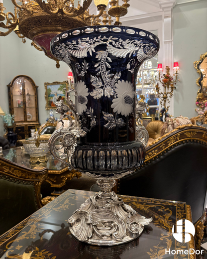 Baroque Revival Obsidian Silver-Plated Glass Campana Urn