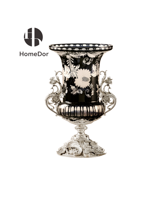 HomeDor Luxury Baroque Obsidian Blue Silver-Plated Brass Glass Decorative Urn Vase