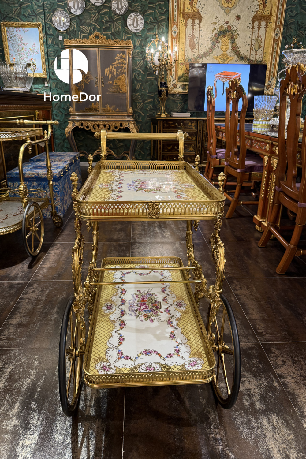 HomeDor × FH&Home | Luxurious Floral Ceramic-Panelled Brass Serving Trolley with Ornate Wheels