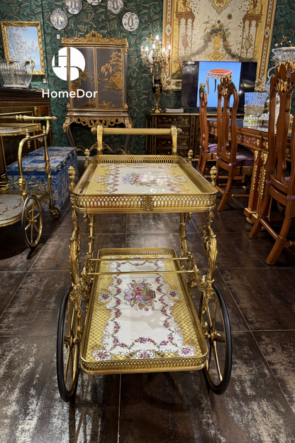 HomeDor × FH&Home | Luxurious Floral Ceramic-Panelled Brass Serving Trolley with Ornate Wheels