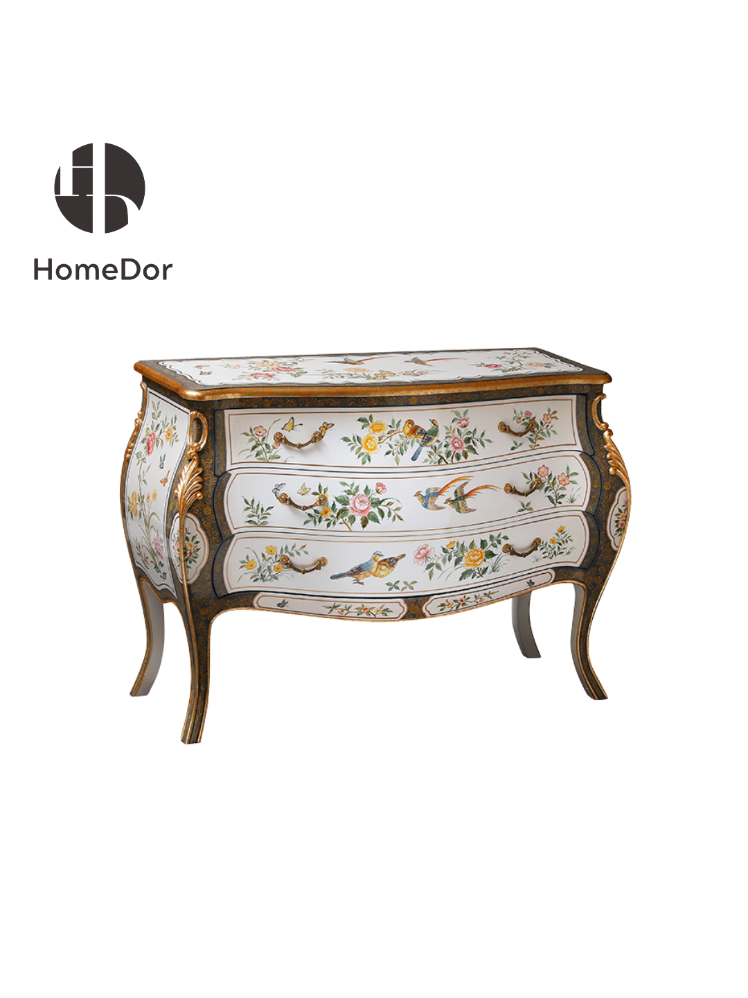 HomeDor × FH&Home | Vintage French Hand-Painted Floral Bird 3-Drawer Console Chest