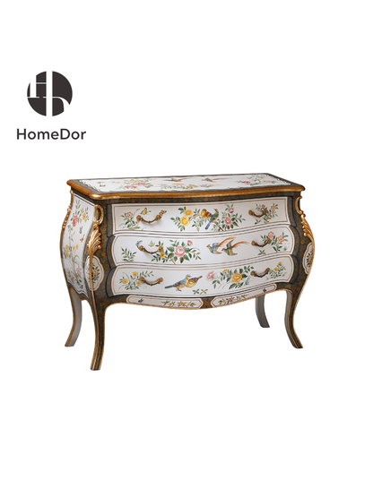 HomeDor × FH&Home | Vintage French Hand-Painted Floral Bird 3-Drawer Console Chest