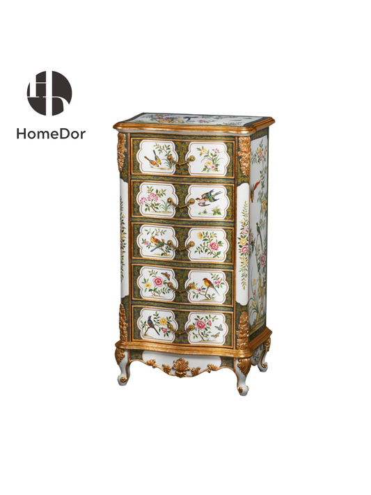 HomeDor × FH&Home | Vintage French Hand-Painted Bird & Floral 5-Drawer Carved Chest