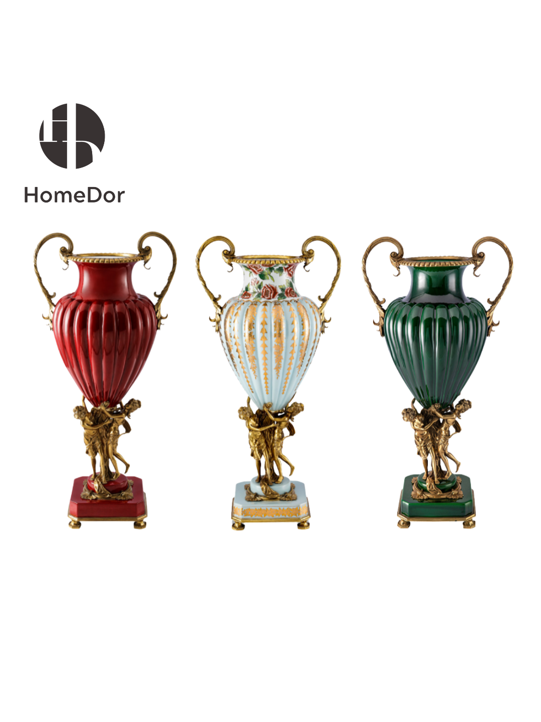 HomeDor × FH&amp;Home | Jarrón rojo real con dos asas y base de querubines de latón esculpido