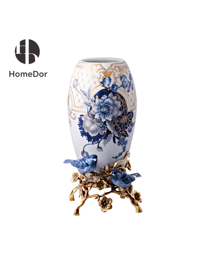 HomeDor Chinoiserie Blue and White Peony Gilded Decor Set II