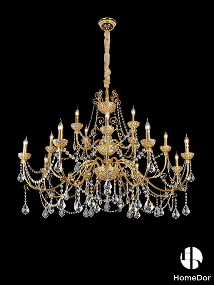 Juego de candelabros de latón de lujo estilo rococó de 24 quilates, lámpara de cristal para comedor.