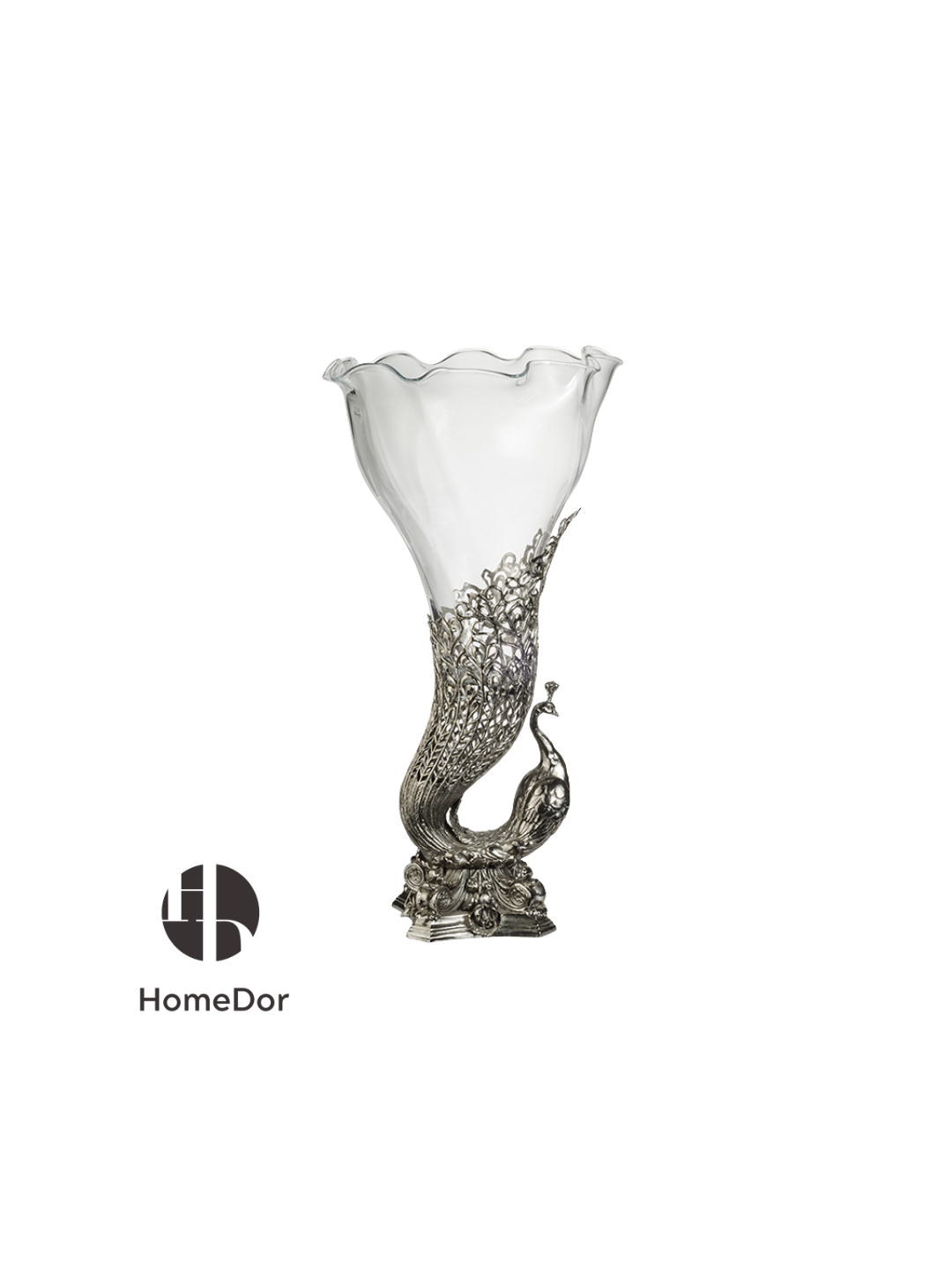 HomeDor Exquisite Crystal Glass Vase with Silver/Brass Peacock Accent-Silver Version/L38.7cm × W38.7cm × H71cm-