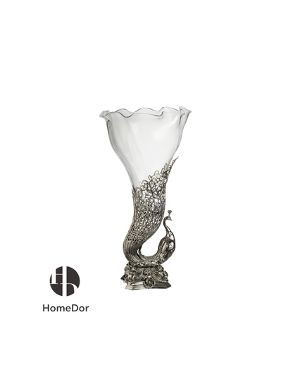 HomeDor Exquisite Crystal Glass Vase with Silver/Brass Peacock Accent-Silver Version/L38.7cm × W38.7cm × H71cm-