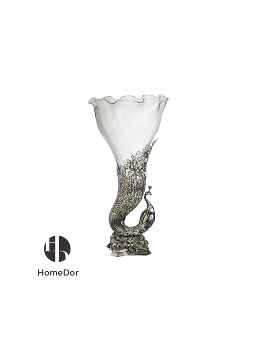 HomeDor Exquisite Crystal Glass Vase with Silver/Brass Peacock Accent-Silver Version/L38.7cm × W38.7cm × H71cm-