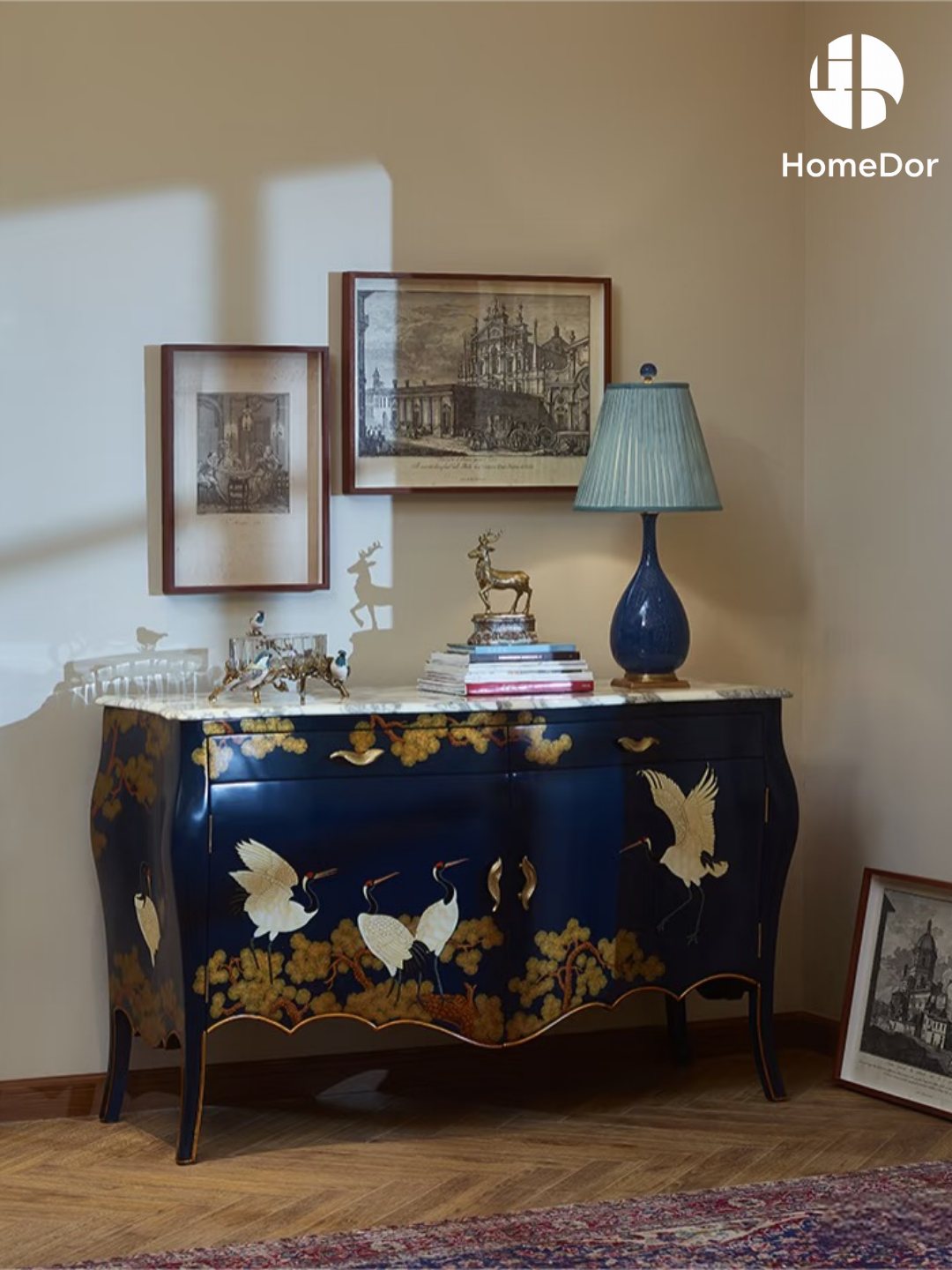HomeDor × FH&Home | Luxury Chinoiserie Hand-Painted Crane & Pine Sideboard
