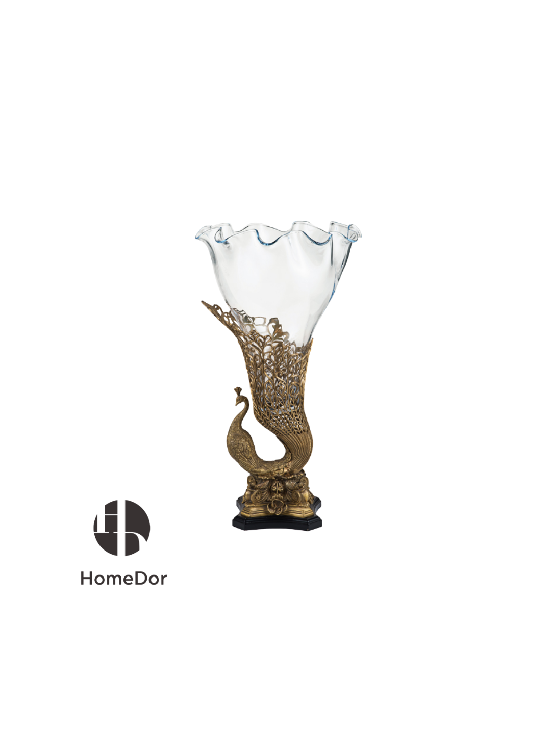 HomeDor Exquisite Crystal Glass Vase with Silver/Brass Peacock Accent-Brass Version/L38.7cm × W38.7cm × H71cm-
