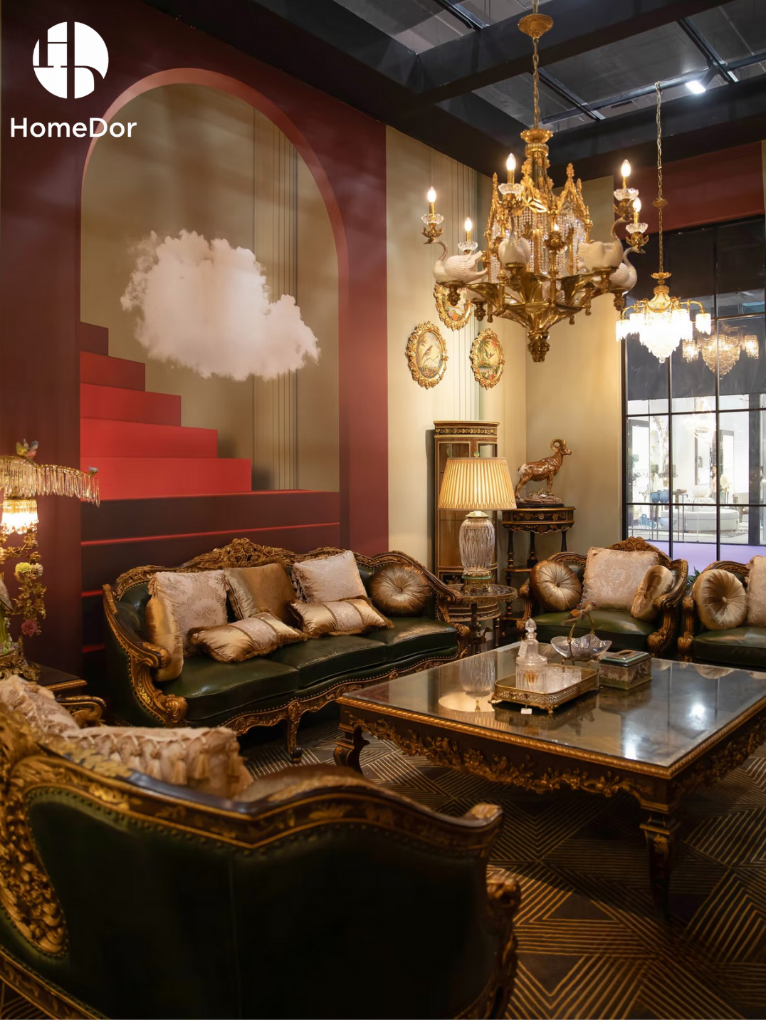 HomeDor × FH&Home | Vintage-Inspired Antonio Series Dark Green Leather Royal Carved Sofa