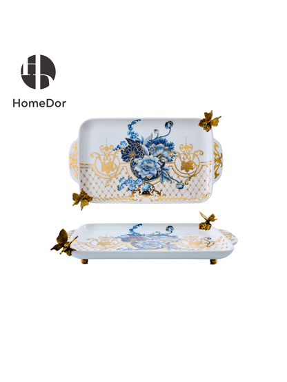 HomeDor Chinoiserie Blue and White Peony Gilded Decor Set II