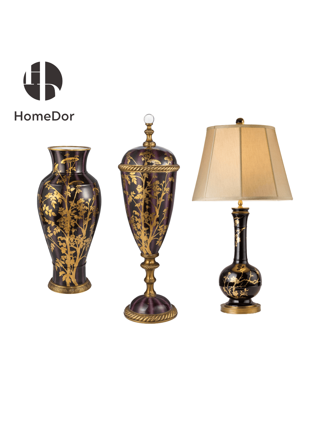 Black and Gold Floral Porcelain with Brass Accents Decor Set