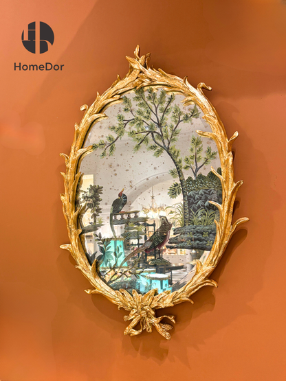 HomeDor - Juego de espejo decorativo de pared con diseño de pájaro chinoiserie con marco dorado adornado