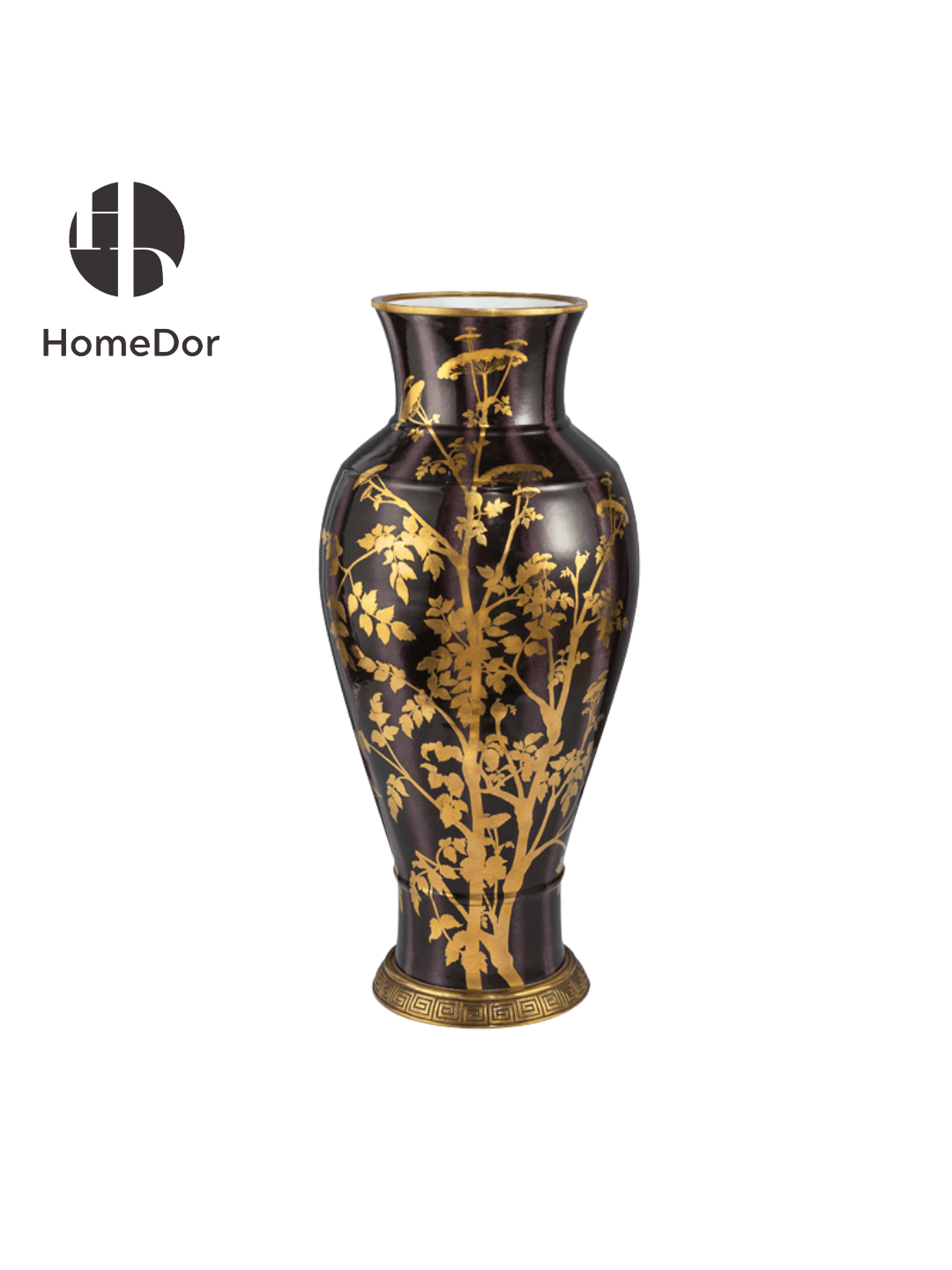 Black and Gold Floral Porcelain with Brass Accents Decor Set