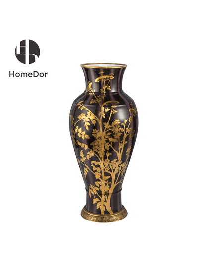 Black and Gold Floral Porcelain with Brass Accents Decor Set